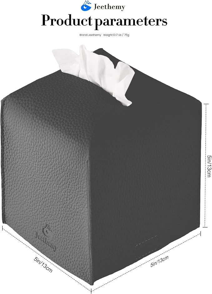 Tissue Box Cover, Jeethemy Square PU Leather Tissue Box Holder, Modern Tissue Case Facial Paper Organizer Dispenser，5X5X5'',Single Charcoal