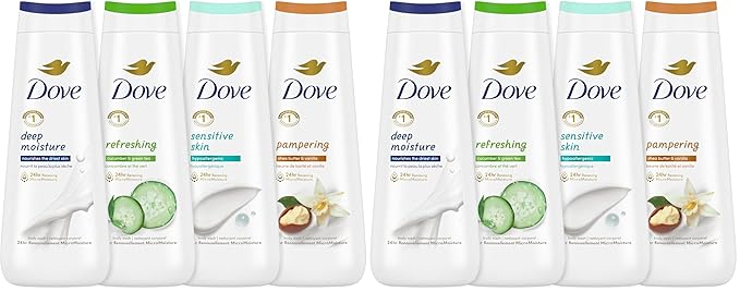 Dove Body Wash Deep Moisture,Sensitive Skin,Cucumber and Green Tea,and Shea Butter & Vanilla Collection Skin Cleanser with 24hr Renewing MicroMoisture 20 oz,(Pack of 8)