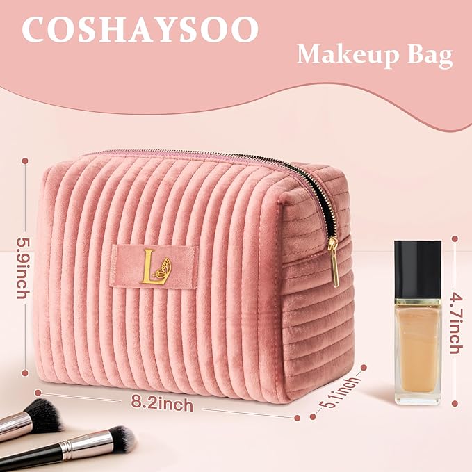 COSHAYSOO Custom Employee Appreciation Thank You Gifts for Women Female Social Worker Travel Makeup Bag Quilted Make Up Cosmetic Pouch Coworker Boss Leaving Going Away Farewell Gift Pink Initial L