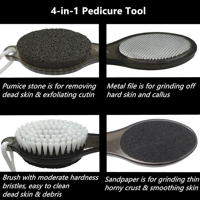 Foot File Callus Remover 4-in-1, 2 Pcs Feet Scraper Pedicure Tools with Pumice Stone, Scrubber Brush, Foot Rasp and Sand Paper, Double Sided Multi Purpose, Clear Black