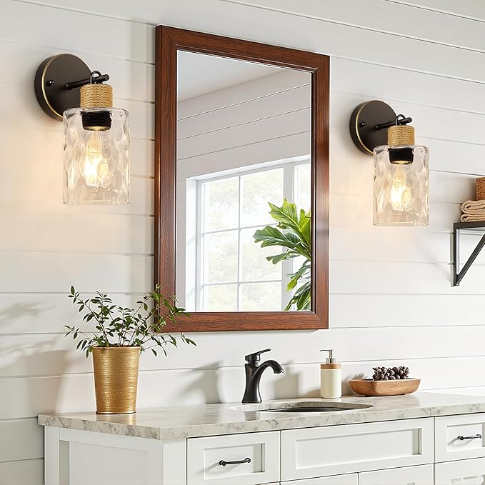 Set of 2 Wall Sconces for Bathroom, Coastal Modern Vanity Lights with Clear Glass Shade, Brown and Gold Bathroom Wall Lamp for Mirror Kitchen Living Room Hallway Cabinet Porch