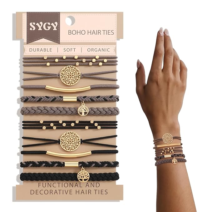 10 PCS Boho Hair Ties - No-Damage, 5 Styles for Thick & Thin Hair, Cute Stretch Bracelets, Braided Ponytail Holders, Grey