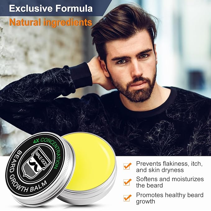 MALE GOD Beard Growth Kit, Beard Kit w/Upgraded Beard Growth Oil - Biotin and Batana Oil, Beard Growth Balm, Beard Massager for Spot/Patchy Beard, Birthday Gifts for Him Boyfriend Husband