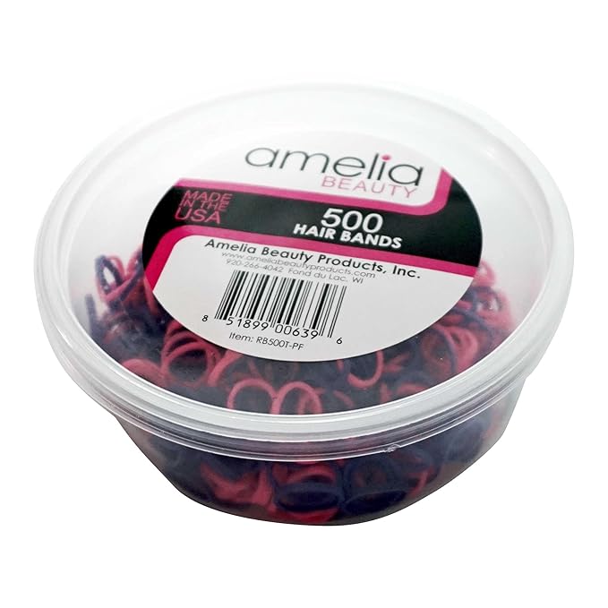 Amelia Beauty | 500 Count 1/2" Rubber Bands | Premium US Made Rubber Hair Ties | Ideal for Ponytails, Braids & Beards | Strong All Day Hold | Convenient Re-closable Container | Purple and Fuchsia Mix