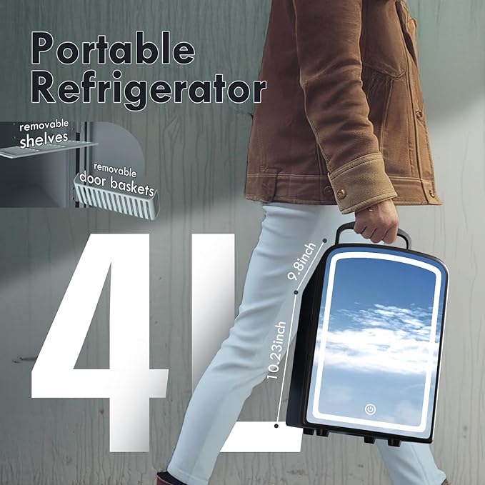 4L Mini Skincare Fridge with Dimmable LED Mirror, Portable Beauty Refrigerator for Makeup, Cosmetic, Personal Small Refrigerator with Cooler and Warmer for Bedroom, Office and Car(Black)