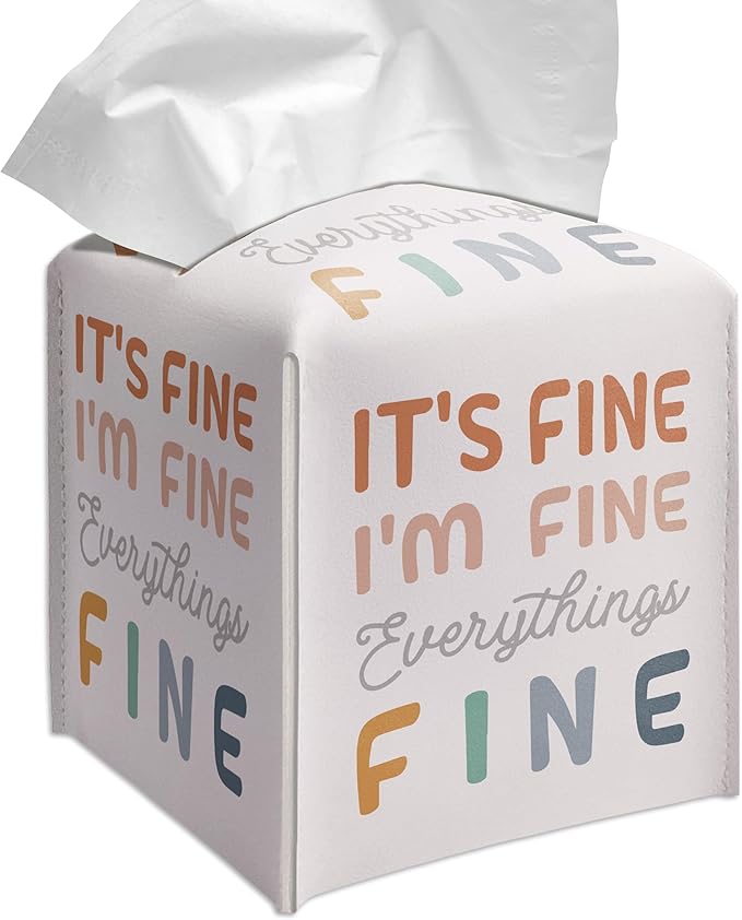 Grace Yonks Cute Tissue Box Cover Square - Funny Pastel Typography Design 5.2" PU Leather Holder for Vanity, Desk, or Bathroom Counter - Cube Case for Facial Tissues(021)
