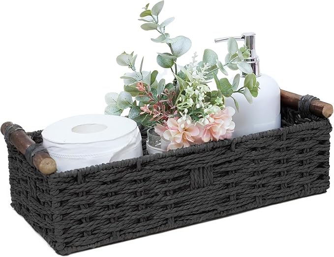 Round Paper Rope Storage Basket Wicker Baskets for Organizing with Handle Decorative Storage Bins for Countertop Toilet Paper Basket for Toilet Tank Top Small Baskets Set,Black