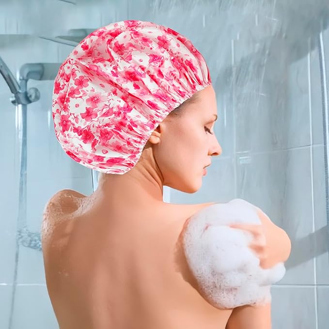 6 PCS Shower Caps for Women, Double Side Waterproof Shower Cap, Reusable Elastic Bath Caps for Shower, EVA Bathing Shower Caps, Bath Hair Caps - Plum Blossom