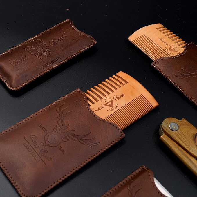 Wooden Beard Comb, 3 Pieces & Durable Cases for Men, Beard & Mustaches, Fine & Coarse Teeth, Brown Deer Design