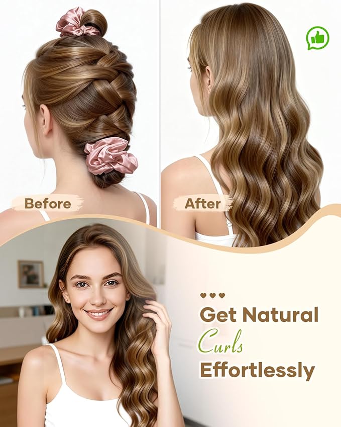 BONNET QUEEN Satin Heatless Hair Curler, Overnight Curls for Long Hair, ultra soft Heatless Curling Rod & 2 Scrunchies,Damage-Free Styling, Soft Hair Curlers for Overnight Use(Rose Gold)