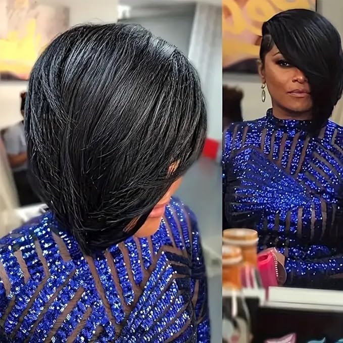 Adette Brazilian Remy Human Hair Pixie Cut Wig - Side Part and Layered 8 Inch Short Straight Style 180% Density with Rose Net Cap for Black Women