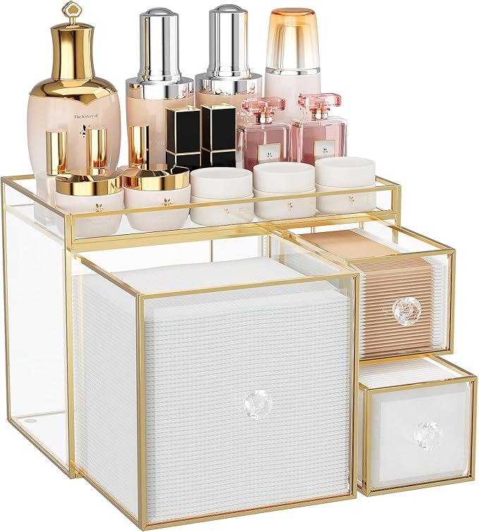 Tempered Glass Face Towel Holder with 3 Drawers, Bathroom Vanity Organizer for Disposable Face Towels, Cotton Pads, Swabs and Skincare Tools