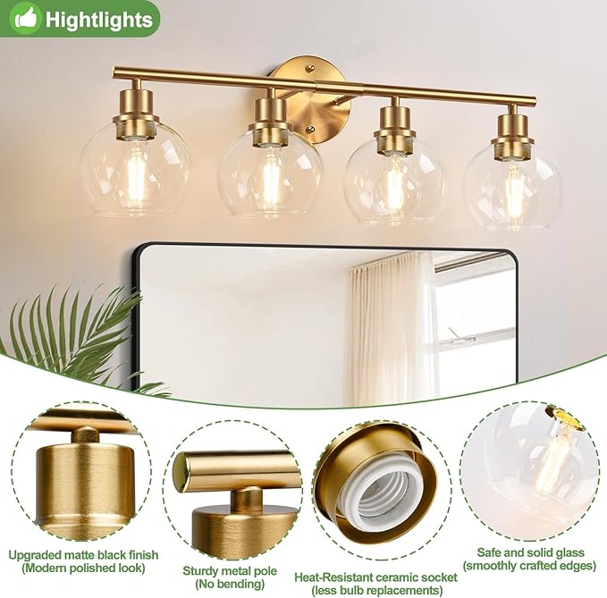 4-Light Bathroom Light Fixtures,Gold Modern Vanity Lights Over Mirror with Clear Glass Globe Shade, Bathroom Wall Sconces for Mirror Kitchen Living Room Hallway Cabinet Bedroom Porch