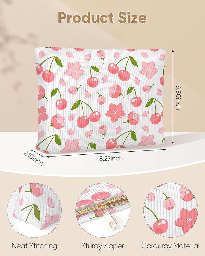 Cute Red Pink Cherry Floral Makeup Pouch for Women Small Make Up Cherries Bag for Purse Zipper Initial Makeup Cosmetic Bags Pouches for Purse Aesthetic Travel Toiletry Bags