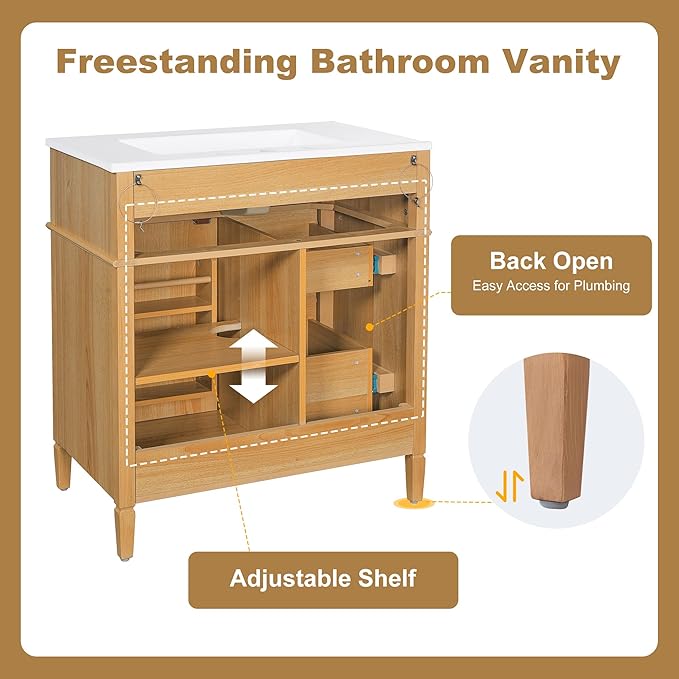 Harper & Bright Designs 30" Bathroom Vanity with Sink, Free Standing Single Basin Vanity Set with Tip-Out Drawer, 2 Drawers, and 2 Doors, Wood Bathroom Cabinet with Ceramic Basin for Bathroom, Wood