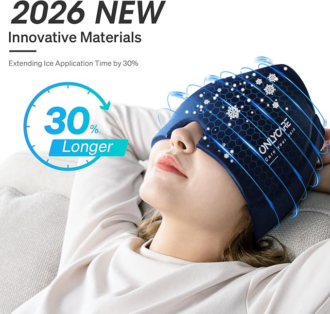 ONLYCARE Migraine Relief Cap, Soothing Migraine Mask, Upgraded Odorless Gel Ice Head Wrap, Hot and Cold Therapy, Headache Ice Pack for Tension, Stress, Hangover (Blue)