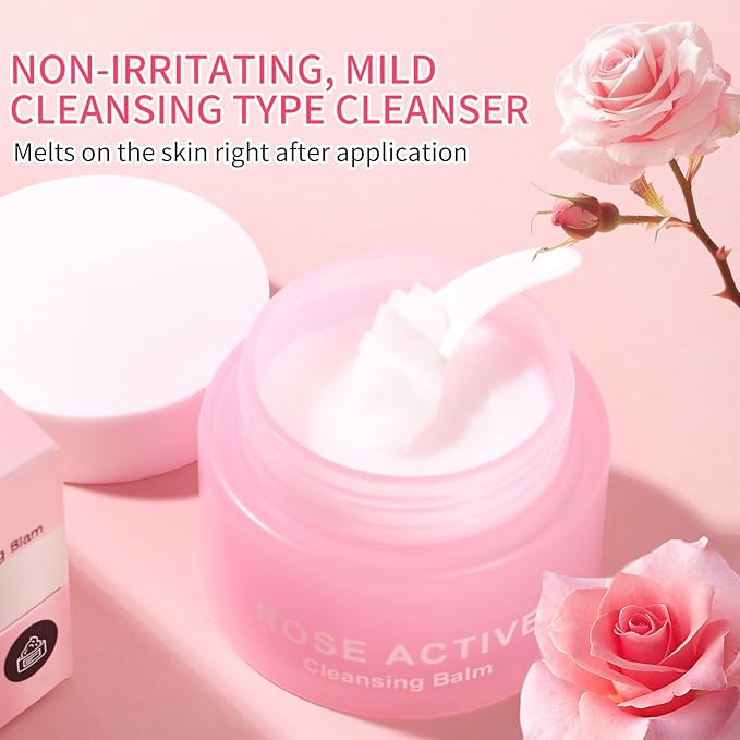 Makeup Remover & Cleansing Balm, Rose Makeup Melting Remover, Gentle and Nourishing Cleansing Balm for Eyes, Lips, Face, Sensitive Skin, Deep Cleanse & Moisturize