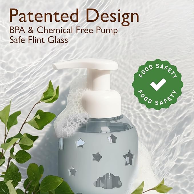 SoCal Suds & Company Foaming Hand Soap Dispenser Glass, Liquid Soap Pump with Cloud & Star Sleeve, Refillable Bottle for Kids, Baby Wash & Shampoo, Ideal for Bathroom & Kitchen Use, Light Grey, 8oz