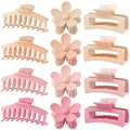 Large Hair Claw Clips 12 Pack, Flower Hair Clips for Thin Hair, Big Square Matte Strong hold for Thick Hair, 3 Styles Hair Clips for Women Thick Hair Pink Colors