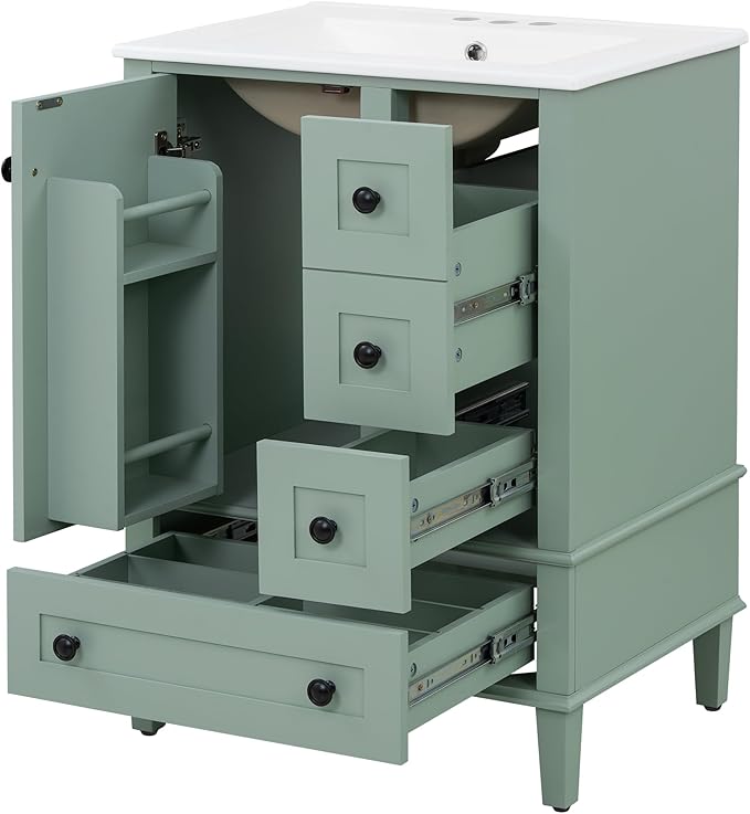 Bellemave 24" Bathroom Vanity with Sink Combo Set, Solid Wood Frame Bathroom Storage Cabinet with 3 Drawers, Soft Closing Cabinet Door with Organizer, Light Green