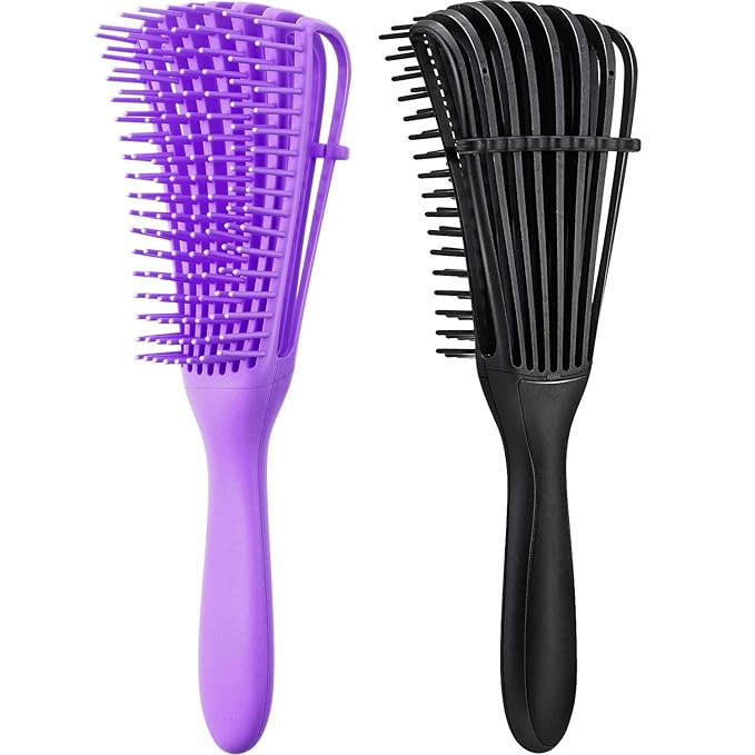2 Pieces Detangling Brush for Afro America/African Hair Textured 3a to 4c Kinky Wavy/Curly/Coily/Wet/Dry/Oil/Thick/Long Hair, Knots Detangler Easy to Clean (Black, Purple)