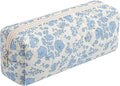 Cute Floral Makeup Brush Bag Small Cotton Quilted Cosmetic Bag for Women Travel Toiletry Zipper Make Up Pouch (Blue Floral)