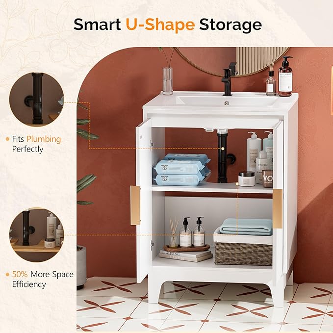 VINGLI 24 Inch Bathroom Vanity with Sink, Pure White Mid Century Modern Fluted Vanity Cabinet with Ceramic Basin, Small Free Standing Combo for Powder Room, Soft Close Doors, Gold Handles