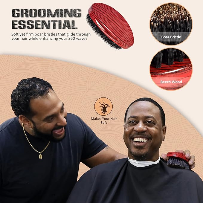 Wave Brush MediumBoar Bristles Hair brush-Designed for Thin and Normal Hair-Mens Curved Military Wave and Beard Brush-Great for 360 Waves