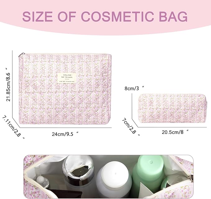 2PC Makeup Bag Set, Cute Cosmetic Bag for Women Girls, Floral Coquette Aesthetic Toiletry Bag, Travel Make Up Organizer Bag (Pink Floral)