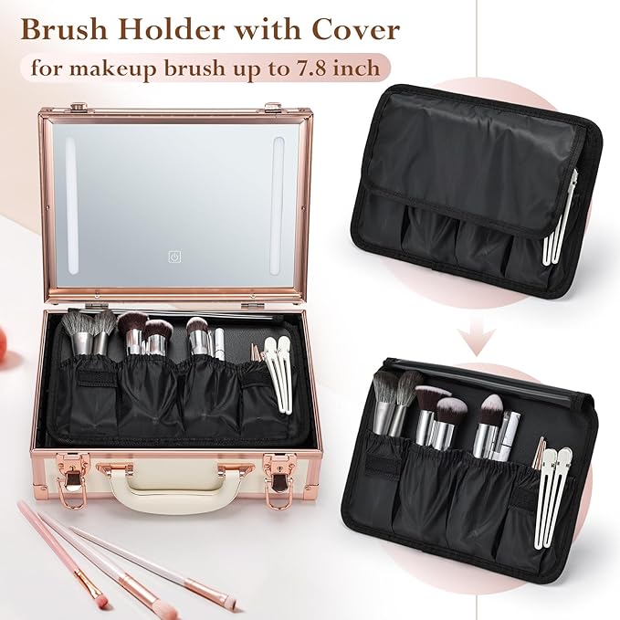 Makeup Train Cases with Light Up Mirror 3 Color Setting, Lighted Makeup Case Organizer with Detachable Tray, Travel Makeup Box with Light for Make up Tools Storage (White & Gold)