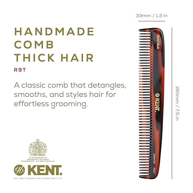 Kent R9T All Coarse Hair Detangling, Wide Teeth Dressing Table Comb for Thick Curly and Wavy Hair. Detangler Comb for Grooming and Styling, Beard and Mustache.Handmade Saw-Cut and Polished
