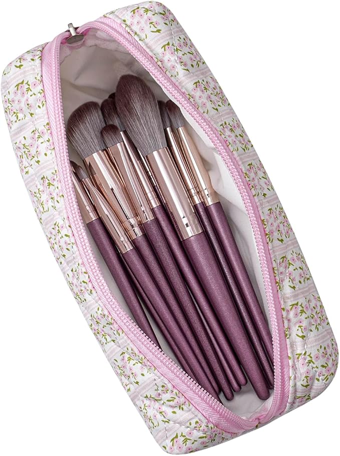 Cute Floral Cotton Makeup Brush Cosmetic Bag for Women, Travel Quilted Zipper Make Up Bag, Flowers Toiletry Organizer Case Kawaii Makeup Cosmetic Travel Cloth Pouch (Pink+Red Floral)
