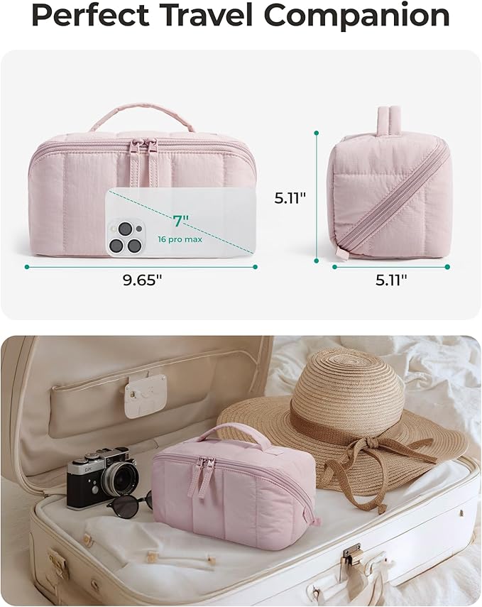BAGSMART Travel Makeup Bag for Women, Portable Water-resistant Cosmetic Case, Puffy Padded Make Up Organizer Pouch, Open Flat Toiletry Bag for Toiletries, Brushes, Purple
