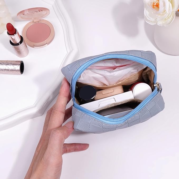 MAGEFY Small Makeup Bag for Purse, Checkered Makeup Bag Small Pouches for purse Leather Mini Make Up Bag Cute Cosmetic Bag for Women with Slip-in Pockets,Blue Haze