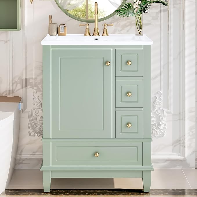 Harper & Bright Designs 24" Bathroom Vanity with Sink, Free Standing Single Vanity Set with 3 Drawers and One Door with Storage Racks, Storage Cabinet with Ceramic Basin for Bathroom, Light Green