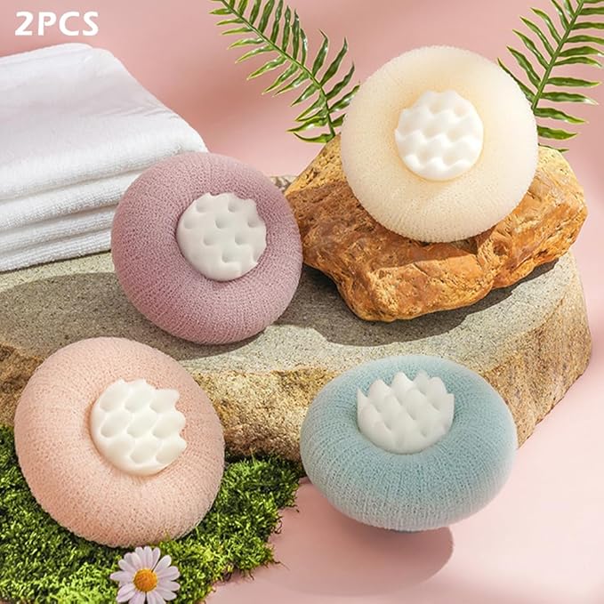 2Pack 2-in-1 Sunflower Bath Ball with Suction Cup, Super Soft Exfoliating Bath Sponge & Loofah Brush, Upgraded 2025 Shower Cleaning Tool for Women & Men (Pink+Cyan)