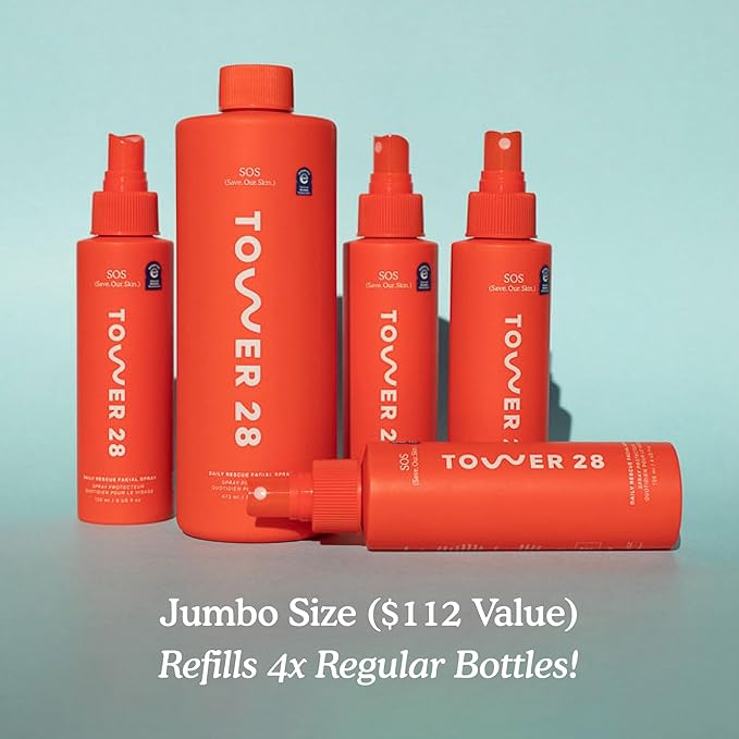 Tower 28 Jumbo SOS Daily Rescue Facial Spray - Hypochlorous Acid Spray to Help Reduce Redness, Calm Irritation + Alleviate Flare-Ups - Soothing + Purifying Face Toner - Everyday Skin Care Mist (16 oz)