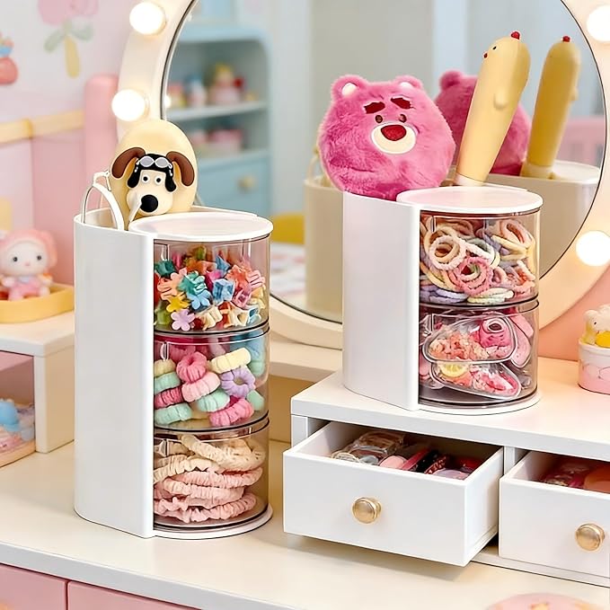 Hair Accessories Organizer with Hair Brush Holder, Rotatable Makeup Brush Holder for Necklaces, Earring, Bracelet, Ring, Makeup Brushes, Hair Clip and Hair Accessories (White, 2-Layer)