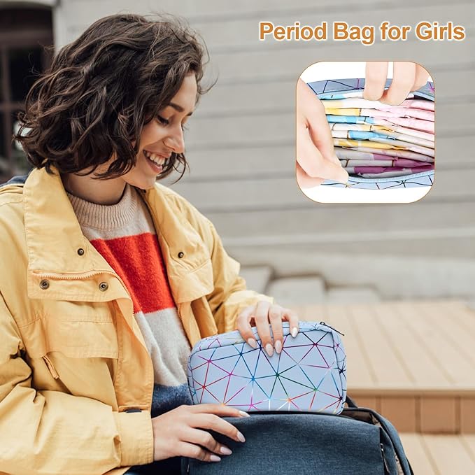 Period Bag for Girls Womens, Leather Sanitary Napkin Storage Bag, Portable Menstrual Pad Bag Period Pads Pouch, Small Make Up Bags(Colorful Blue)