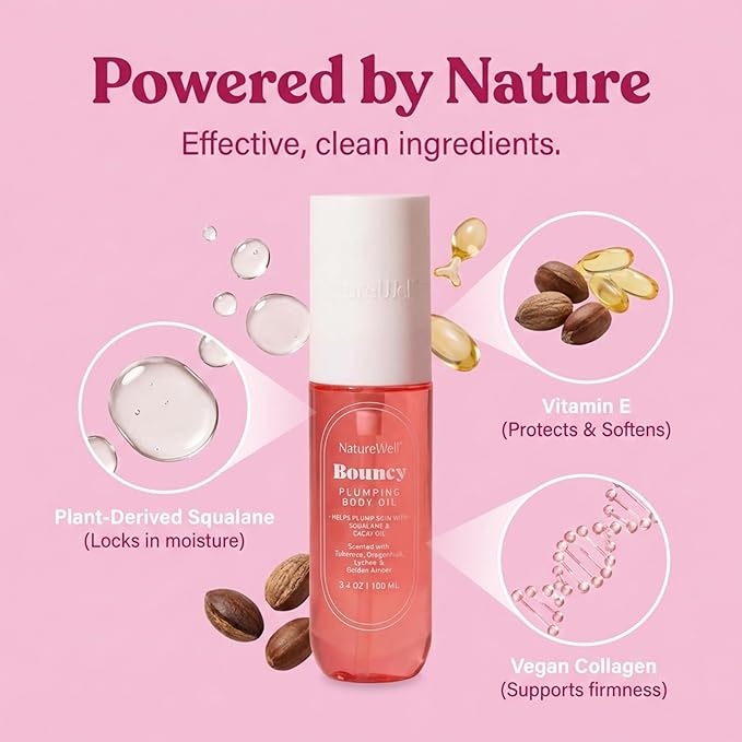 NATURE WELL Bouncy Plumping Body Oil, Fast-Absorbing Formula Designed to Support Skin Elasticity, Smoothness, & Bounce, Scented with Tuberose, Dragonfruit, Lychee & Golden Amber, 3.4 Oz