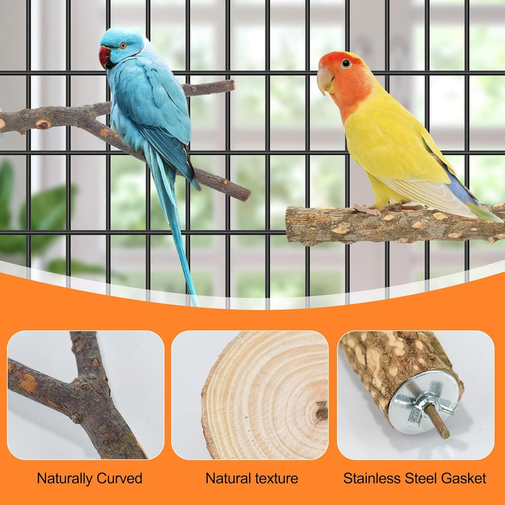 Bird Perch Stand, Pole Standing Natural Wood Bird Perch Set 7PCS Paw Grinding Fork Parrot Cage Branch with Rope Cage Accessories Toys for Parakeets, Cockatiels, Conure, Budgies