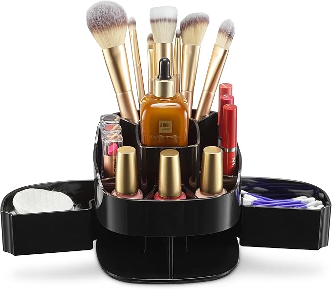 Masirs Small 360 Rotating Makeup Organizer - Mini Yet Spacious Cosmetic Storage Solution with Multiple Compartments - The Perfect Spinning Make-Up Caddy for Vanity or Bathroom Counter (Square - Black)