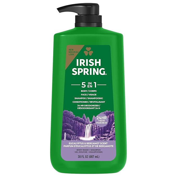 Irish Spring 5 in 1 Moisturizing Body Wash for Men, Shampoo, Conditioner, Body and Face Wash, and 24 Hour Deodorizer, Paraben-Free, Fresh Eucalyptus & Bergamot Scent, 20 fl oz