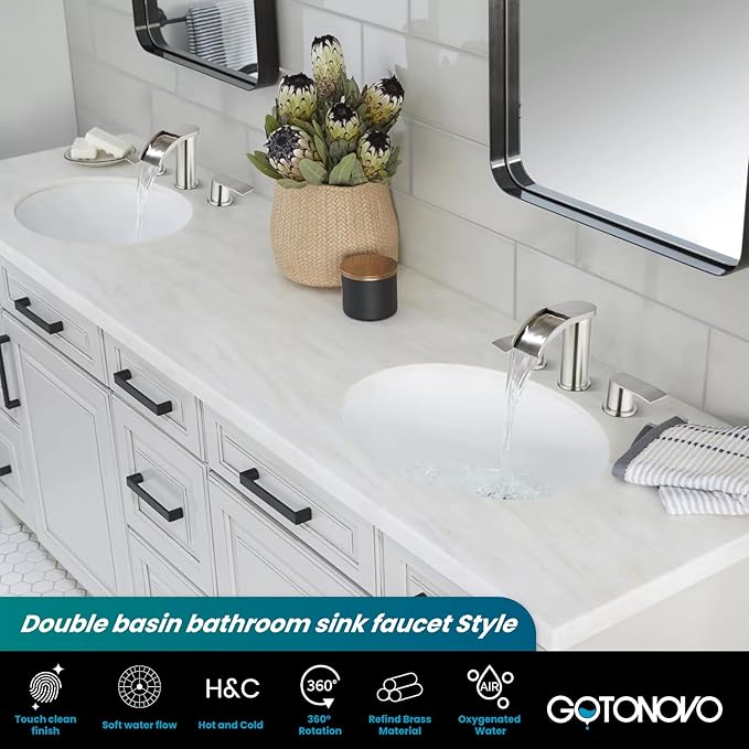gotonovo Waterfall 8 inch Widespread Bathroom Faucet Set Bathroom Sink Faucet 3 Hole 2 Handle Vanity Lavatory Deck Mount with Pop Up Drain and Water Supply Lines Round Body Brushed Nickel