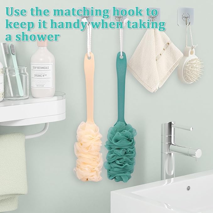 4Pack Back Scrubber for Shower Loofah with Long Handle, Shower Brush for Body, 17″ Loofah on a Stick for Men Women Bathing Accessories, Scrubber Sponge for Exfoliating Bath Brushes (Beige & Green)