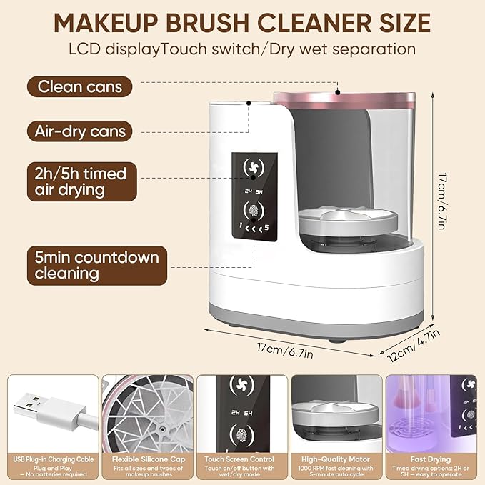3-in-1 Electric Makeup Brush Cleaner with Dryer & Holder–Automatic USB Cleaning Machine for All Makeup Brush Sizes, Portable Quick-Dry Tool for Cosmetic Brushes