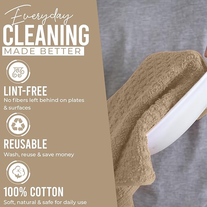 DAN RIVER Premium Kitchen Towels - [Pack of 12] 100% Cotton (16x 26 Inches) -Super Soft,Highly Absorbent, Quick Dry, Dish Towels for Kitchen Towels -Tan