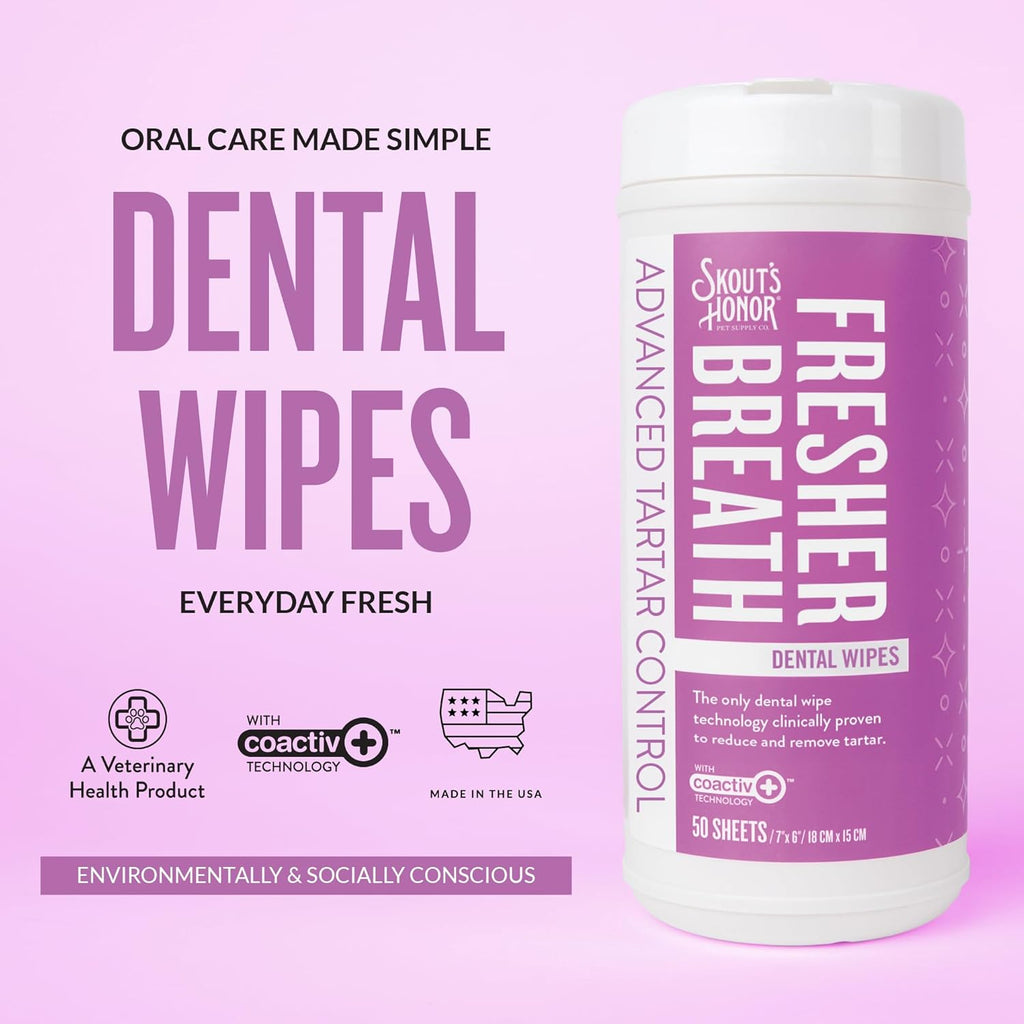 SKOUT'S HONOR Pet Dental Wipes - Fights Plaque and Tartar, Freshens Breath Fast, No Brushing Required, 50 Sheets, 2-Pack