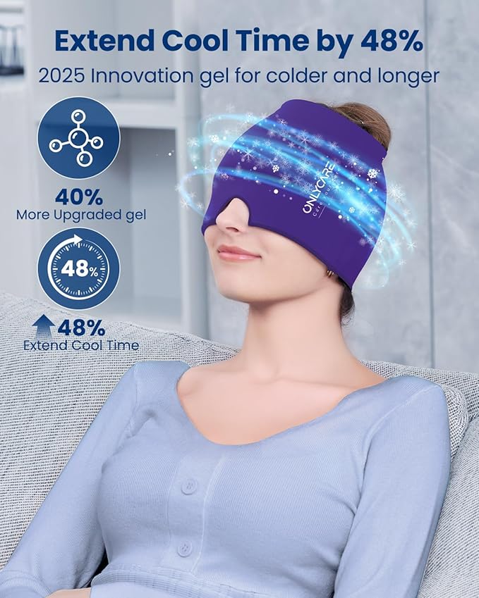 Upgraded Migraine Relief Cap, ONLYCARE Headache Relief Cap, Soothing Migraine Mask, Odorless Gel Ice Head Wrap, Hot & Cold Therapy, Reusable Ice Pack for Tension and Stress Purple