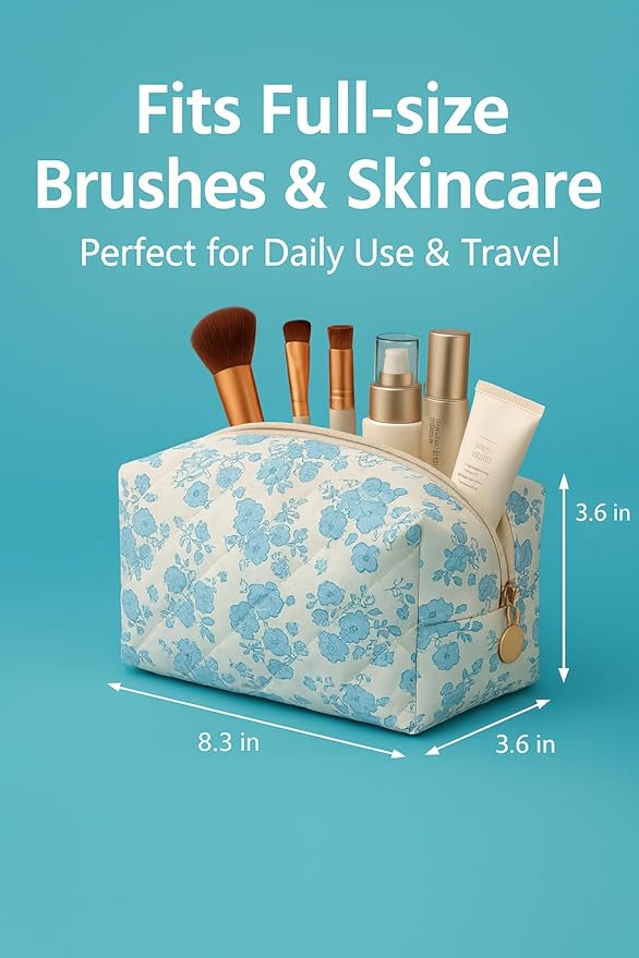 Floral Quilted Cotton Makeup Bag for Women, Large Capacity Travel Cosmetic Pouch with Zipper, Cute Toiletry & Brush Organizer, Kawaii Makeup Storage Case – White/Blue Flowers